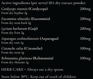 Supplement facts for JING listing ingredients including Asparagus, Cordyceps, Cordyceps sinensis, Goji berry, Lycium barbarum