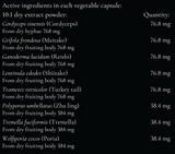 Supplement facts for Mushroom M8 listing ingredients including Cordyceps, Cordyceps sinensis, Ganoderma Lucidum, Grifola frondosa, Hoelen (Wolfiporia extensa)