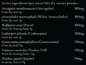 Supplement facts for QI Blend listing ingredients including Astragalus, Atractylodes, Codonopsis root, Gynostemma rhizome, Hoelen (Wolfiporia extensa)