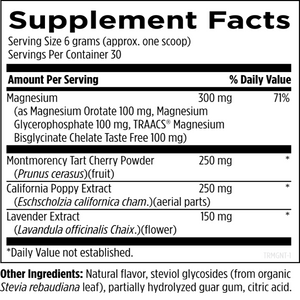 Ingredients: Magnesium, Montmorency Tart Cherry Powder, California Poppy Extract, Lavender Extract.