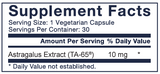 Supplement facts for TA-65MD - 30 capsules listing ingredients including Astragalus
