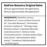 Supplement facts for Original Balm Samples (25 pack) listing ingredients including Aloe Barbadensis, Beeswax, Calendula Extract, Centella Asiatica Gotu Kola, Coconut
