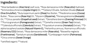 Supplement facts for Moisture Rich Hydrating Cream 50ml listing ingredients including Aloe Barbadensis, Aloe Vera, Rose