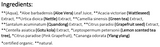 Supplement facts for Juniper Teen Treatment Mist 125ml listing ingredients including Acacia, Aloe Barbadensis, Aloe Vera