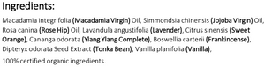 Supplement facts for Anti-Ageing Revitalising Body Oil 100ml listing ingredients including Angustifolia, Boswellia Serrata, Citrus sinensis, Indian Frankincense Extract, Jojoba Oil