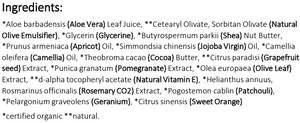 Supplement facts for Intensive Body Lotion 250ml listing ingredients including Aloe Barbadensis, Aloe Vera, Alpha tocopheryl, Apricot Kernel Oil, Apricot Oil