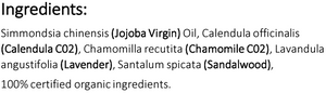 Supplement facts for Calming Treatment Serum 100ml listing ingredients including Angustifolia, Calendula Extract, Chamomile, Jojoba Oil, Lavender Extract