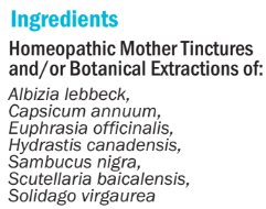 Supplement facts for hbA (Allergy) 50ml listing ingredients including Albizia julibrissin, Capsicum annum, Elderberry (Sambucus nigra)
