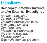 Supplement facts for hbD (Digestion) 50ml listing ingredients including Althaea officinalis, Calendula Extract, Fenugreek (Trigonella foenum-graecum), Gentian Lutea, Marshmallow root