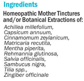 Supplement facts for HB03 Firstaid (First Aid & Fever) 50ml listing ingredients including Capsicum annum, Chamomile, Cinnamomum zeylanicum, Elderberry, Ginger