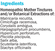 Supplement facts for hbN (Neuralgia I) 50ml listing ingredients including Black cohosh, Chamomile, Cimicifuga Racemosa, Hops, Hypericum