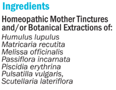 Supplement facts for hbQ (Quiet & Sleep) 50ml listing ingredients including Humulus lupulus, Lemon extract, Matricaria chamomilla, Melissa officinalis, Pasqueflower (Pulsatilla pratensis)