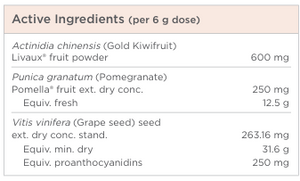 Supplement facts for GI Biome Nourish 180g listing ingredients including Gold Kiwifruit powder, Grape (Vitis vinifera), Grape seed Extract, Kiwifruit, Pomegranate (Punica granatum)