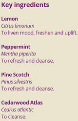 Supplement facts for Air Fresh 10ml listing ingredients including Lemon Extract, Peppermint (Mentha × piperita), Pine (Pinus spp.)