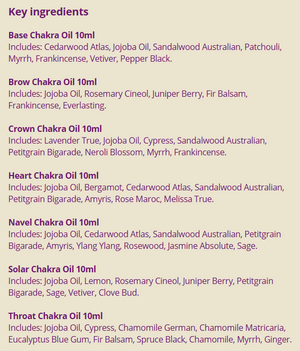 Supplement facts for Chakra Set listing ingredients including Bergamot, Chamomile, Clove bud, Ginger, Indian Frankincense Extract