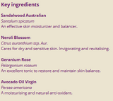 Supplement facts for Face Serum 25ml listing ingredients including Bergamot, Citrus aurantium, Sandalwood (Santalum album)