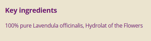 Supplement facts for Lavender Water 100ml listing ingredients including Lavender Extract, Lavender oil