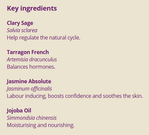 Supplement facts for Start Birth	25ml listing ingredients including Artemisia, Jasmine Absolute, Jasmine Oil, Jojoba Oil, Sage (Salvia officinalis)