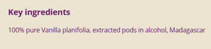Supplement facts for Vanilla 45% 5ml listing ingredients including Vanilla bean extract