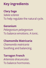 Supplement facts for Woman Support  10ml listing ingredients including Artemisia, Chamomile, Clary Sage, Geranium Oil, Matricaria Recutita