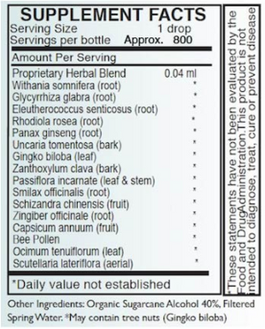 Supplement facts for Adrenal Para - NS Support 30ml listing ingredients including Ashwagandha, Ashwagandha (Withania somnifera), Asian Panax Ginseng, Capsicum annum, Cat's claw