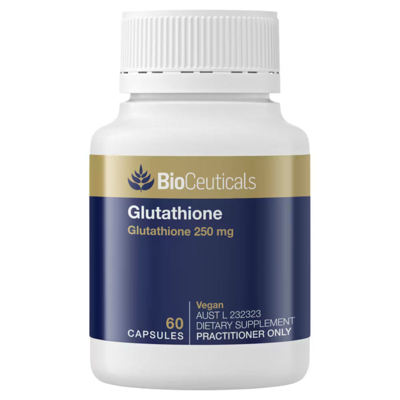Product bottle image of Bioceuticals Glutathione 250mg 60 capsules.