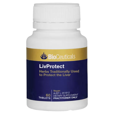 Product bottle image of Bioceuticals Liv Protect. Gold and Blue with white bottle. 60 tablets.