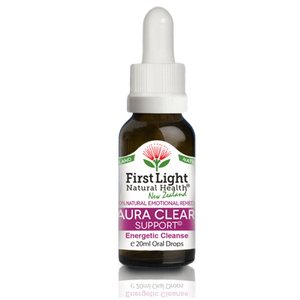 A supplement container of Aura Clear Support© (Energetic Cleanse) 20ml by First Light Natural Health