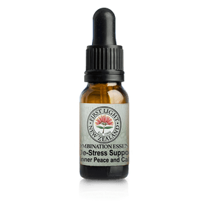 A supplement container of De-Stress Support© (Inner Peace and Calm) 10ml by First Light Flower Essences