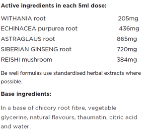 Supplement facts for Immune + Energy 200ml listing ingredients including Ashwagandha (Withania somnifera), Astragalus, Echinacea Angustifolia, Echinacea purpurea, Ginseng