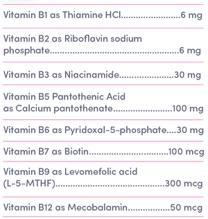Supplement facts for A Juicy Dose of B Vitamins listing ingredients including Biotin, Calcium Pantothanate, Folate, L-5-MTHFR, L-5-Methyltetrahydrofolic acid