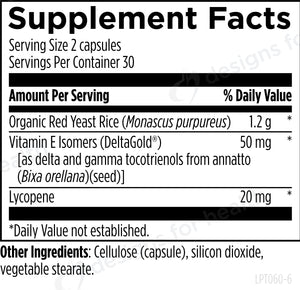 Supplement facts for Lipotrienols RYR listing ingredients including Annatto, Deltagold Tocotrienols Vitamin E, Gamma tocotrienols, Lycopene, Red yeast rice (Monascus purpureus)