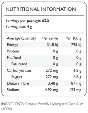Supplement facts for MTHFR (TheraPure) Organic Partially Hydrolysed Guar Gum (PHGG) listing ingredients including Guar Gum, Partially Hydrolysed Guar Gum (PHGG)