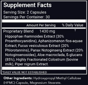Supplement facts for Release listing ingredients including Black Pepper (Piper nigrum), Colostrum, Fucus vesiculosus, Notoginseng (Panax notoginseng), Sea Buckthorn (Hippophae Rhamnoides)