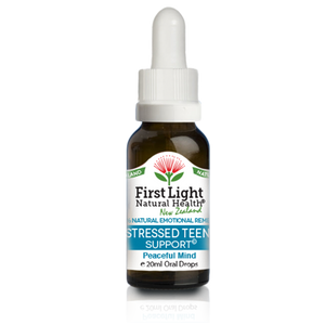 A supplement container of Stressed Teen Support (Peaceful Mind) 20ml by First Light Natural Health