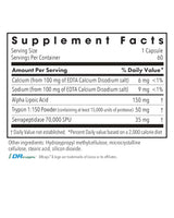 Supplement facts for Biofilm Neutralizer listing ingredients including Alpha Lipoic Acid, Calcium, EDTA, Sodium, Trypsin