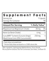 Supplement facts for Boron Joint with CurcuWIN listing ingredients including Boron, Magnesium citrate, Silicon dioxide