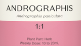 Supplement facts for Andrographis 1:1 listing ingredients including Andrographis paniculata
