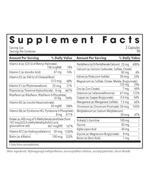 Supplement facts for MVM-A listing ingredients including Acetyl L-Carnitine, Alpha Lipoic Acid, Ascorbic Acid, Biotin, Calcium