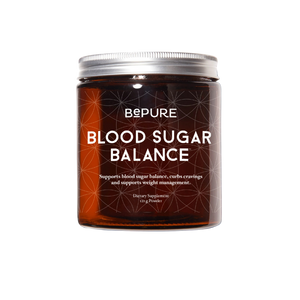 A supplement container of Blood Sugar Balance by Be Pure