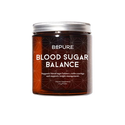 A supplement container of Blood Sugar Balance by Be Pure