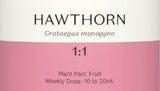 Supplement facts for Hawthorn 1:1 listing ingredients including Crataegus monogyna, Hawthorn extract