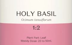 Supplement facts for Holy Basil 1:2 listing ingredients including Holy Basil, Ocimum sanctum, Ocimum tenuiflorum