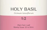 Supplement facts for Holy Basil 1:2 listing ingredients including Holy Basil, Ocimum sanctum, Ocimum tenuiflorum