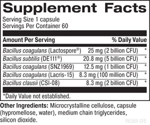 Supplement facts for Perfect Equilibrium listing ingredients including Bacillus Clausii, Bacillus Coagulans, Bacillus Subtilis, Bacillus coagulans MTCC 5856, Bacillus subtilis DE111