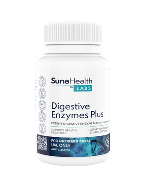 A supplement container of Digestive Enzymes Plus by SunaHealth Labs