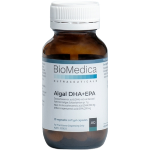 A Supplement container with the name Algal DHA+EPA by BioMedica