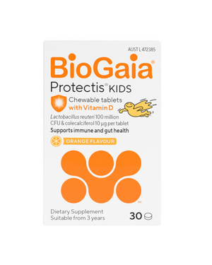 A supplement container of BioGaia Protectis Kids Chewable, by BioGaia
