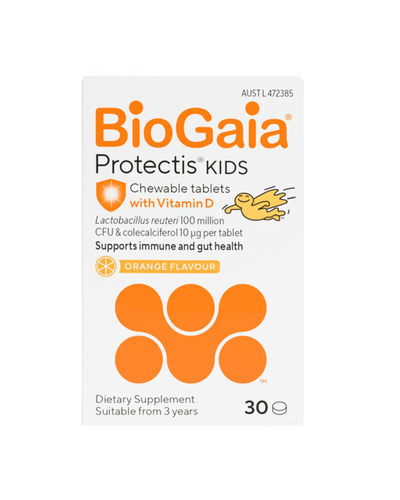 A supplement container of BioGaia Protectis Kids Chewable, by BioGaia
