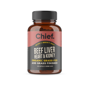 A supplement container of Beef Liver, Heart & Kidney 120caps by Chief Nutrition